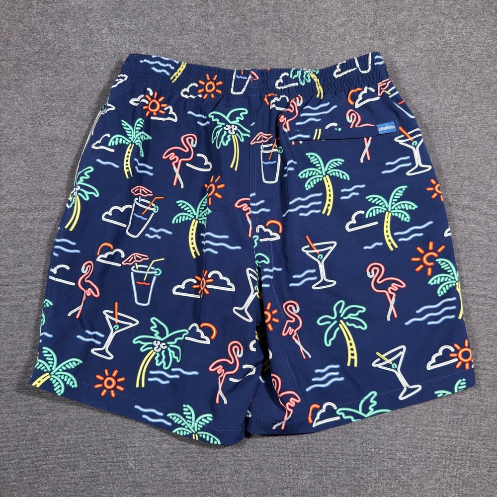 Chubbies Swim Trunks Mens Large Navy Neon Flamingo Palm Tree Tropical 7" Inseam - Picture 3 of 8